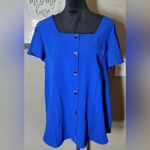 JODIFL Royal Blue Buttondown Ruffle Flutter Sleeve Blouse Women's Size Large